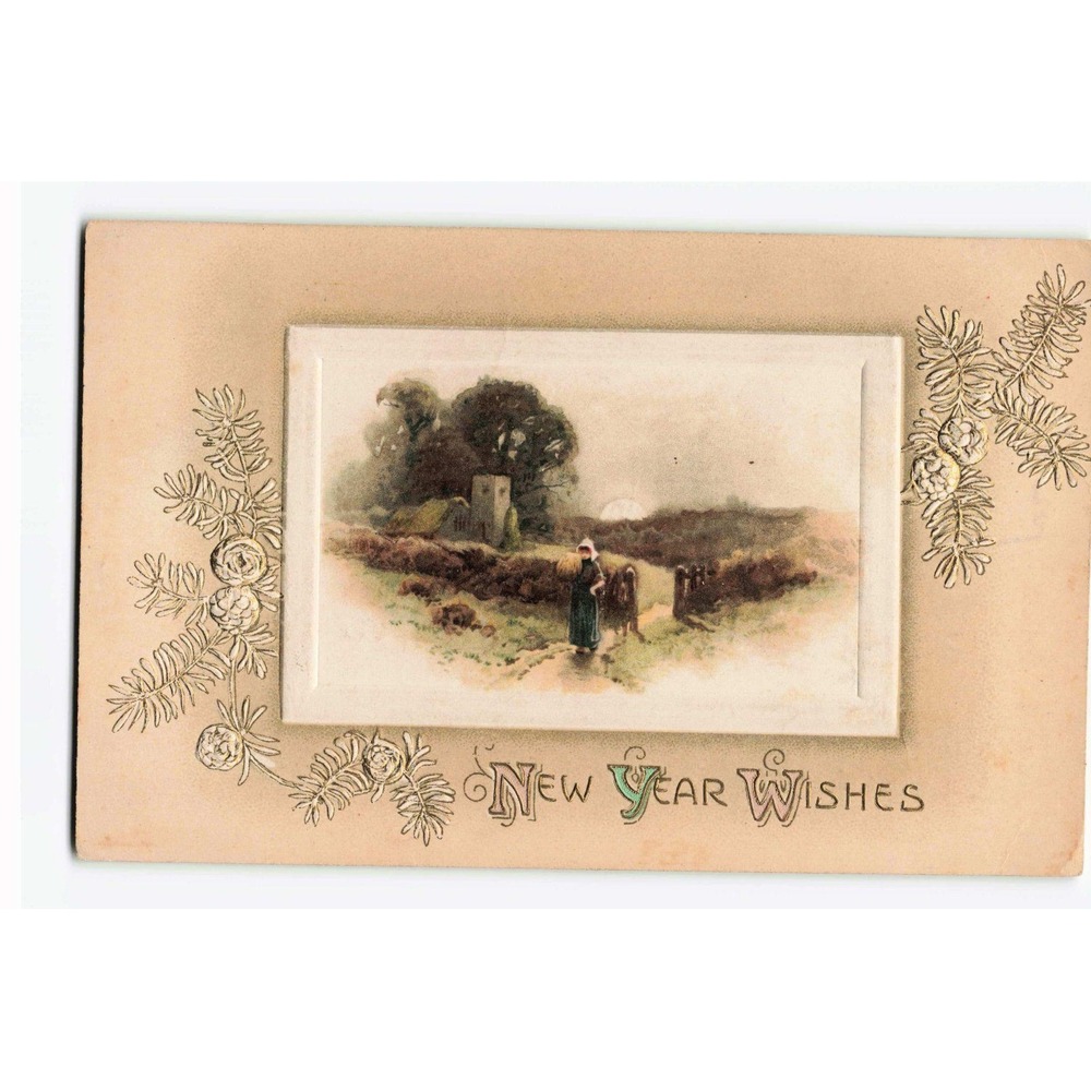 Antique New Year Wishes Postcard 1911 Embossed Pastoral Scene Germany Stamp